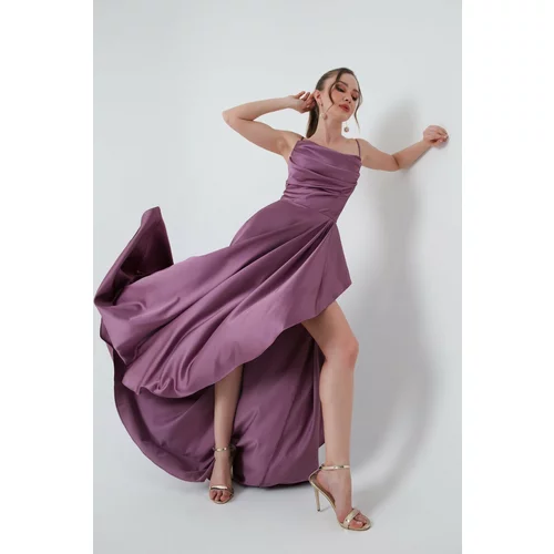 Lafaba Women's Lavender Evening Dress &; Prom Dress with Ruffles and a Slit in Satin