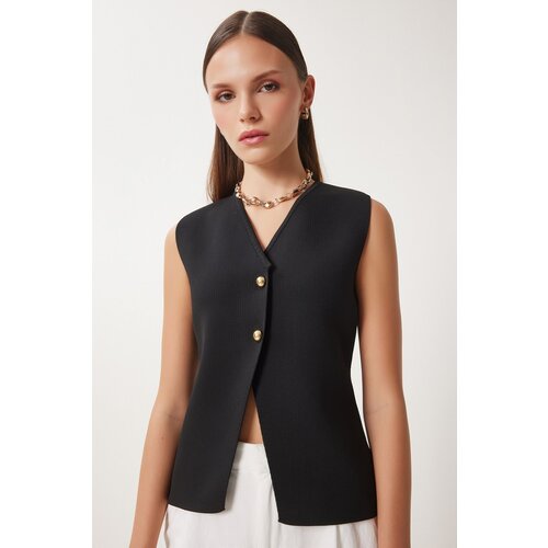 Happiness İstanbul Women's Black V Neck Stylish Buttoned Knit Vest Slike