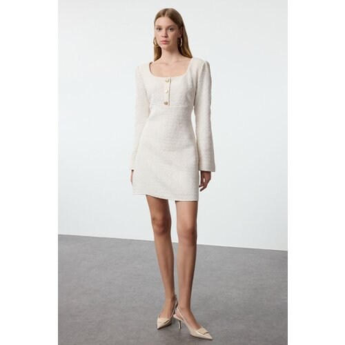 Trendyol Ecru A-Line Square Neck Button Detailed Mini Tweed Woven Dress Cijene