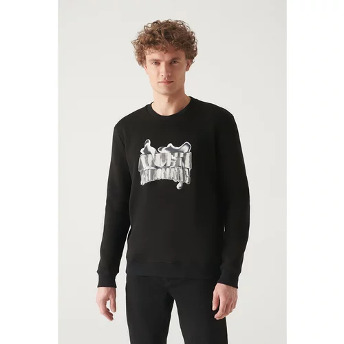 Avva Men's Black Crew Neck 3-Thread Fleece Hologram Printed Standard Fit Regular Cut Sweatshirt.