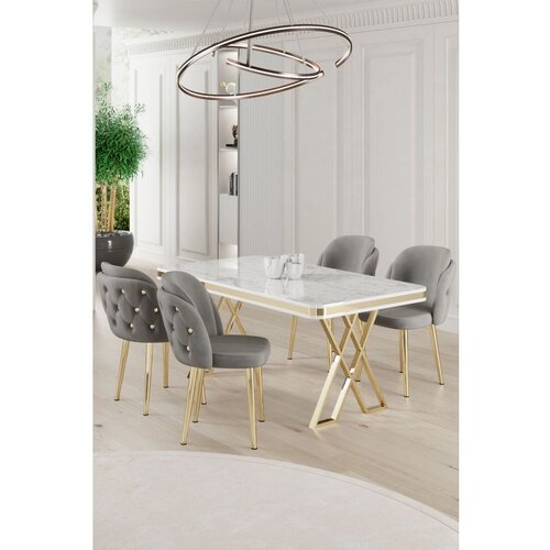 Hanah home Rigel - White, Gold, Grey WhiteGoldGrey Dining Table & Chairs Set (5 Pieces) Cene