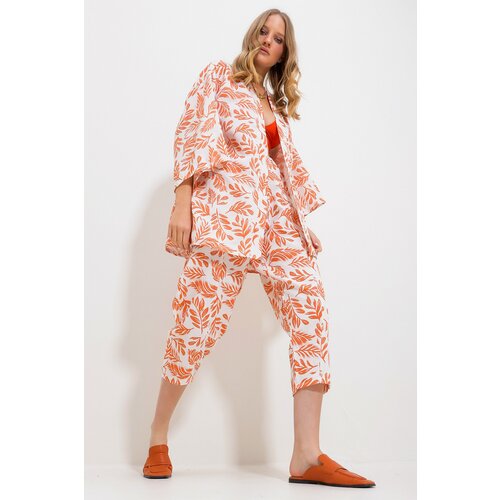 Trend Alaçatı Stili Women's Orange Patterned Kimono With Jacket And Trousers Linen Woven Bottom Top Suit Slike