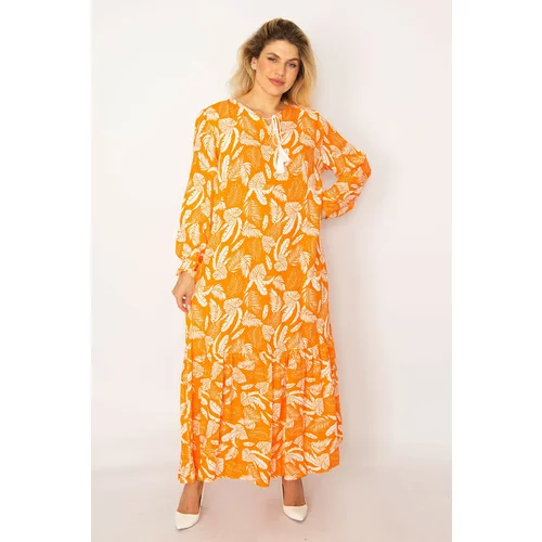 Şans Women's Plus Size Orange Woven Viscose Fabric Skirt Tiered Long Sleeve Dress