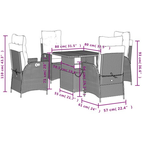  5-dijelni vrtni blagovaonski set s jastucima od poliratana crni Crna 80 cm table length Slike