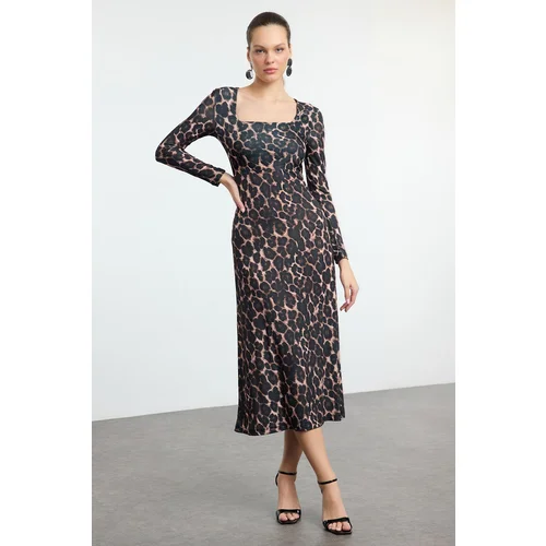 Trendyol Brown Leopard Printed Maxi Flounce Fitted Maxi Stretch Knit Dress