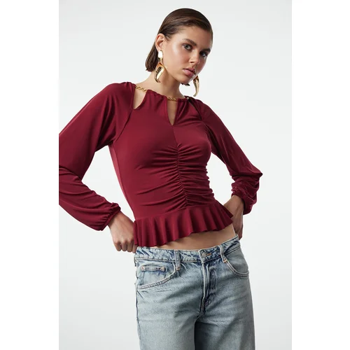 Trendyol Burgundy Window/Cut Out Detailed Knitted Blouse with Accessories