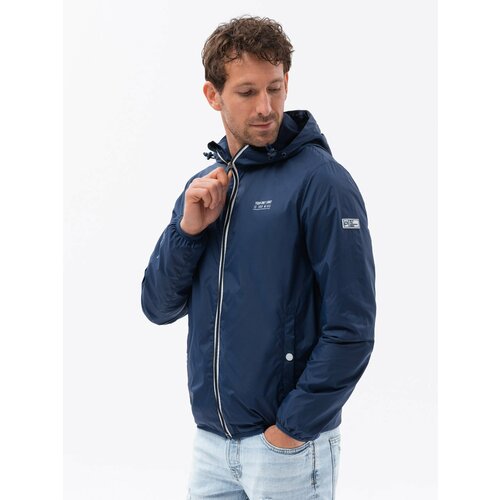 Ombre Men's windbreaker jacket with hood and contrasting details - navy blue Cene
