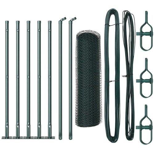 vidaXL Šesterokotna ograja Zelena 0.5x10 m Jeklo, Ograjni stebri s podpornimi ploščami 7 kos Ø32mm 70cm Galvanizirano Jeklo Cene