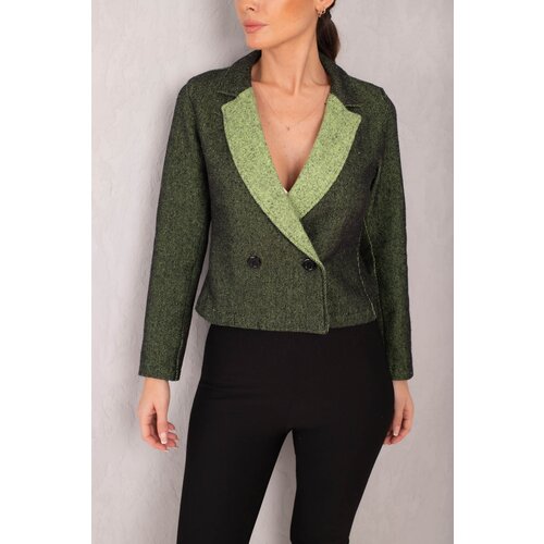 armonika Women's Pistachio Green Double Breasted Collar Two Color Stitched Crop Jacket Slike