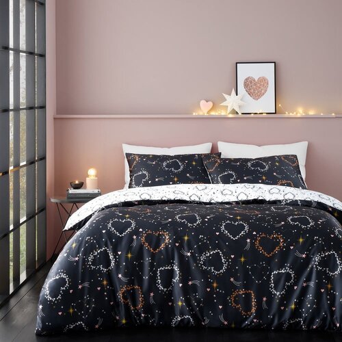 Catherine Lansfield Crno-bijela posteljina za bračni krevet 200x200 cm Cosmic Hearts and Stars – Cijene
