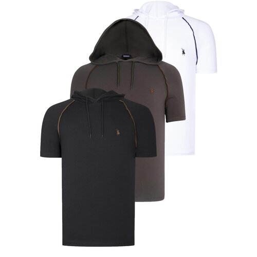 Dewberry TRIPLE SET T8570 HOODED MEN'S T-SHIRT-BLACK-WHITE-KHAKI Cijene