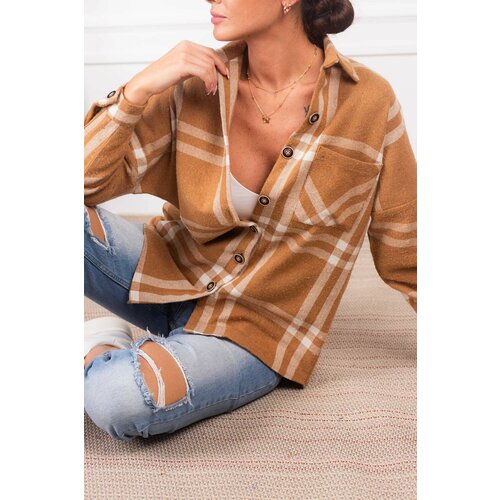armonika Women's Mink Checked Pattern Oversized Shirt with Pocket and Stamp Cene