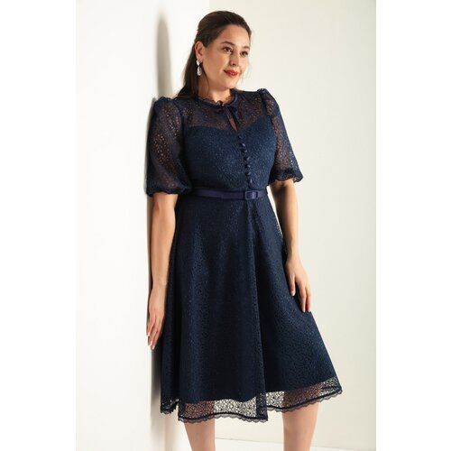 Lafaba Women's Navy Blue Lace Plus Size Midi Evening Dress Slike