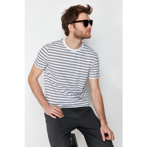 Trendyol Men's White Regular/Normal Cut Striped 100% Cotton T-Shirt Slike