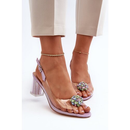 Kesi Transparent high-heeled sandals with purple D&A embellishment Cene