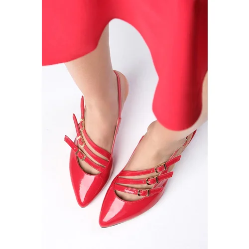 Mio Gusto Naomi Red Color Patent Leather Open Back Tape Detailed Short Heeled Women's Shoes