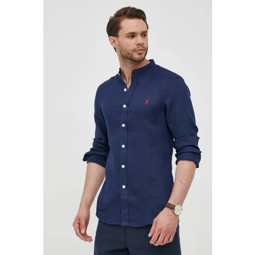 Polo Ralph Lauren Lanena košulja za muškarce, boja: tamno plava, slim, s ruskim ovratnikom
