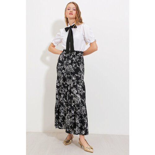 Bigdart Women's Black Patterned Long Viscose Skirt 1898 Slike