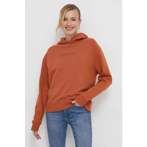 Calvin Klein Bombažen pulover ženska, oranžna barva, s kapuco