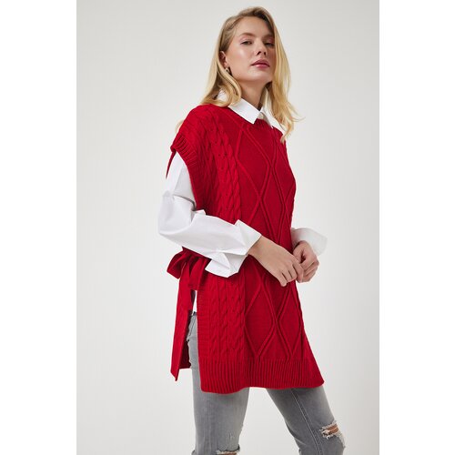 Happiness İstanbul Women's Red Tie Detailed Oversize Knitwear Sweater Slike