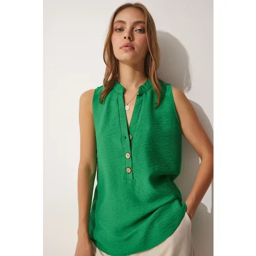Happiness İstanbul Women's Dark Green With Wooden Buttons Aerobatic Blouse