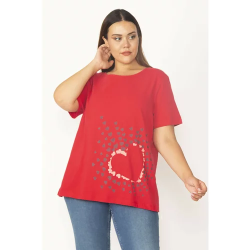 Şans Women's Plus Size Red Cotton Fabric Crew Neck Printed Blouse