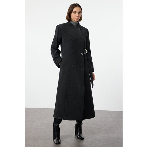 Trendyol Anthracite Belted Double Breasted Regular Wool Long Topcoat Formed Lined Coat Slike