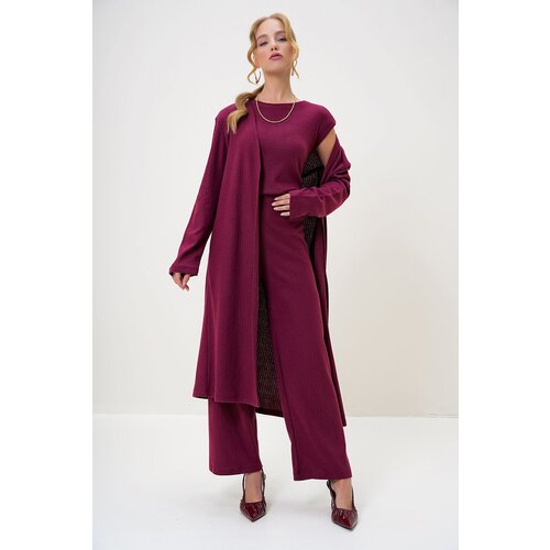 Trend Alaçatı Stili Women's Claret Red Shoulder Padded Crew Neck Blouse Trousers and Cardigan Set Suit Cene