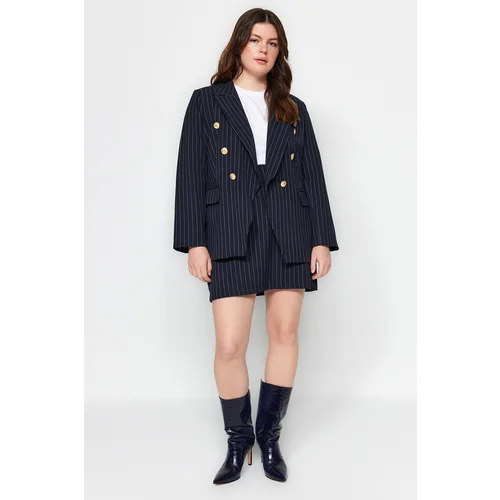 Trendyol Curve Navy Blue Striped Button Detailed Woven Jacket