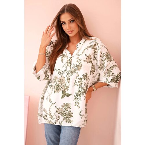 Kesi Włoski Women's V-neck shirt with a floral pattern khaki Cene