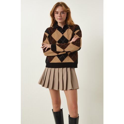  Women&amp;#039;s Black Biscuit Polo Neck Diamond Patterned Knitwear Sweater Slike