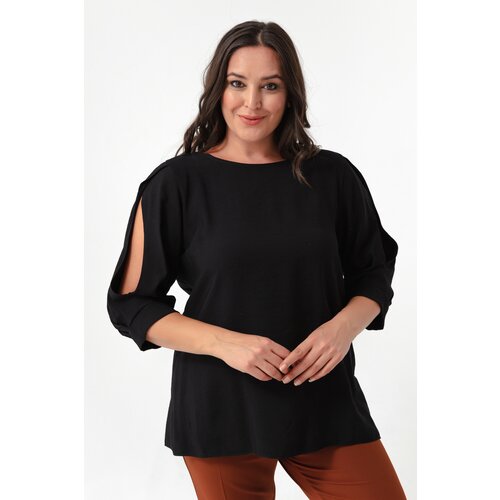 Lafaba Women&amp;#039;s Black Crew Neck Poor Sleeve Plus Size Blouse Slike