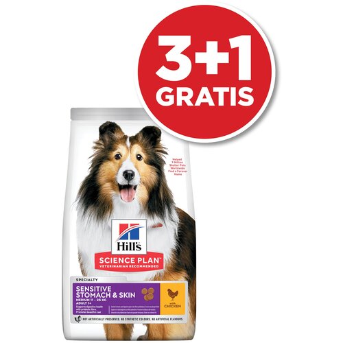 Hills science Plan Dog Adult Medium Sensitive Skin&Stomach Piletina 14kg 3+1 GRATIS Slike