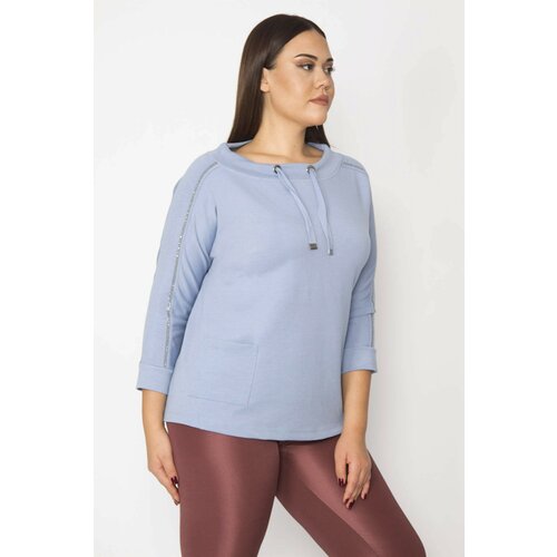 Şans Women's Plus Size Blue Eyelet And Stone Detailed Pocket Swetshirt Slike