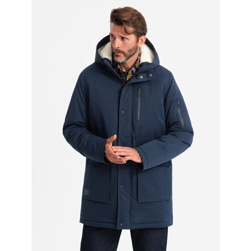 Ombre Men&amp;#039;s long parka sherpa jacket &amp;ndash; navy blue Slike