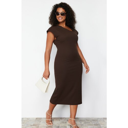 Trendyol Curve Brown Asymmetric Collar Knitted Dress Slike