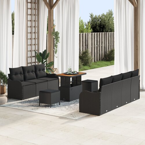 vidaXL 10-dijelni vrtni sofa set s jastučićima crni poliratan akacija, 2-sjedalna vrtna sofa s jastučićima crni poliratan, 3-dijelni vrtni blagovaonski set s jastučićima crni poliratan akacija Cene