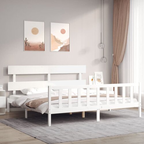 vidaXL Posteljni okvir z vzglavjem bel 200x200 cm trden les Cene