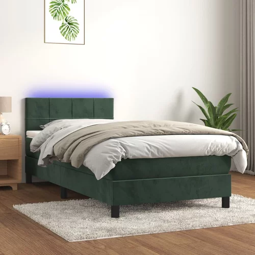 vidaXL Box spring postelja z vzmetnico LED tem. zelena 90x190 cm žamet