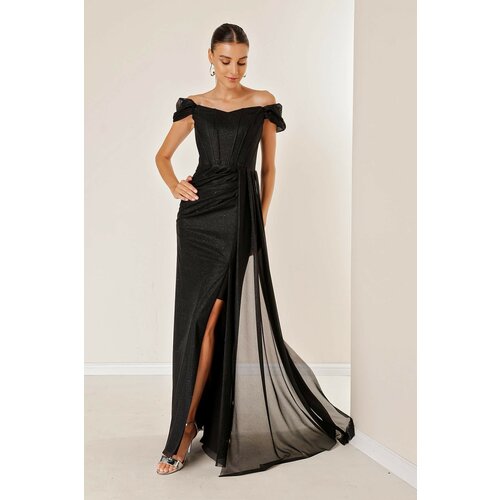 By Saygı Low Sleeves Front Draped and Lined Underwire Long Glittery Dress Black Slike