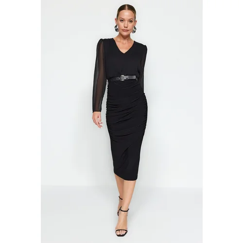 Trendyol Black Wrap-around Woven Dress with Belt