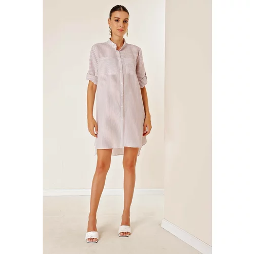 By Saygı Lilac Double Pocket Front Short Back Long Stripe Short Sleeve See-through Dress.