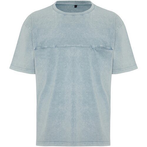 Trendyol Pale Blue Men's Relaxed/Comfortable Fit Vintage/Faded Effect Slit Pocket 100% Cotton T-Shirt Slike
