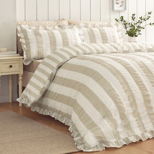Catherine Lansfield Bež 3-dijelna posteljina za bračni krevet 200x200 cm Seersucker Frill Stripe &amp;ndash; Slike
