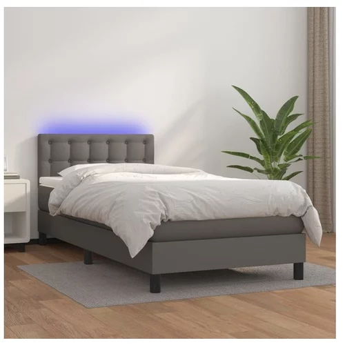  Box spring postelja z vzmetnico LED siva 90x200 cm umetno usnje