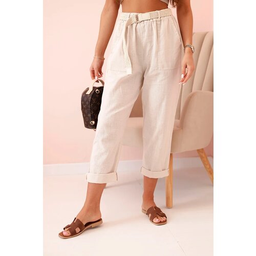 Kesi Włoski Women&amp;#039;s linen cotton pants with a belt beige Slike