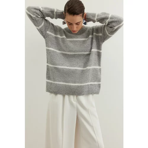 Trendyol Gray Soft Textured Boucle Striped Knitwear Sweater