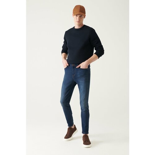 Avva Men's Dark Blue Worn Washed Flexible Extra Slim Fit Slim Fit Jeans Cene