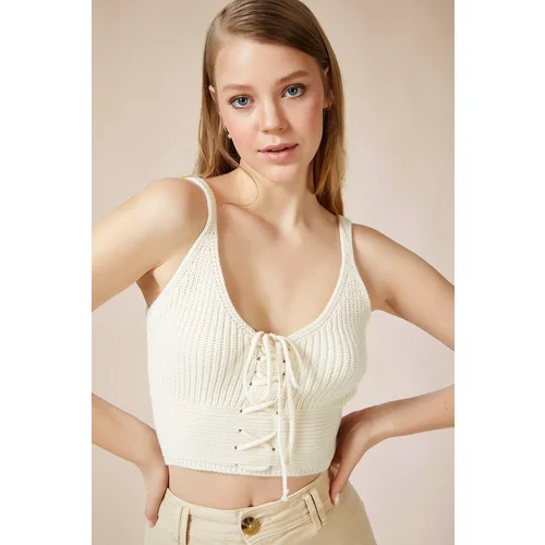  Women's Cream Zigzag Drawstring Tricot Crop Top