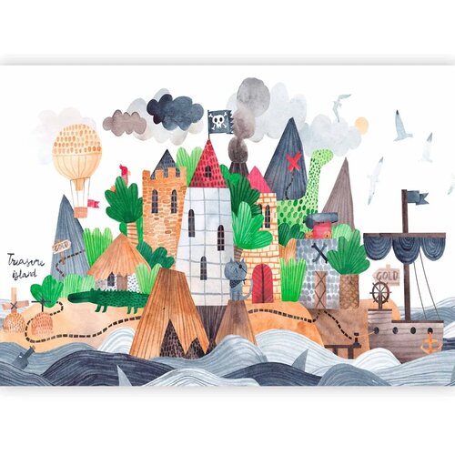  Foto tapeta - A colourful treasure island with a castle - a pirate ship at sea for children 500x350 Standard Slike